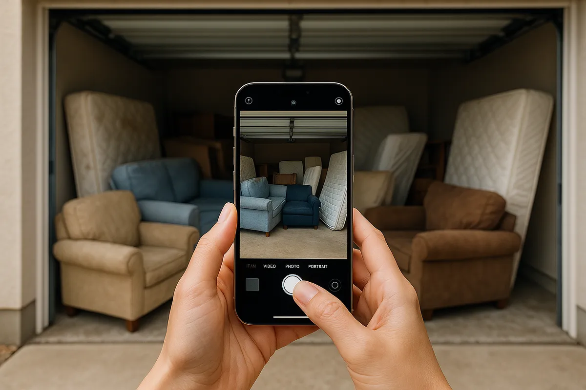 Person photographing furniture in storage